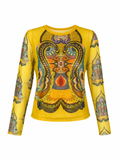 Yellow Ornamental Print Mesh Long-Sleeve Top, c.2000's, L