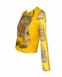 Yellow Ornamental Print Mesh Long-Sleeve Top, c.2000's, L