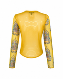 Yellow Ornamental Print Mesh Long-Sleeve Top, c.2000's, L