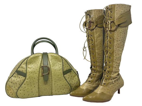 Christian Dior Green 'CD' Ostrich & Double Saddle Bowler Set,  AW00, 38.5 EU