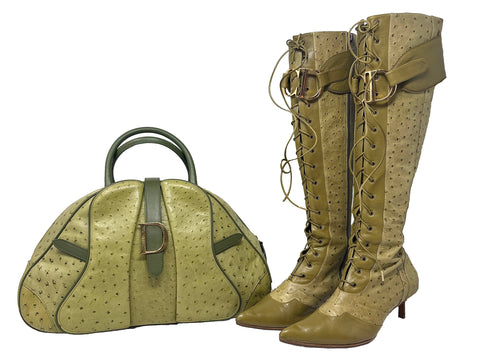 Christian Dior Green 'CD' Ostrich & Double Saddle Bowler Set,  AW00, 38.5 EU