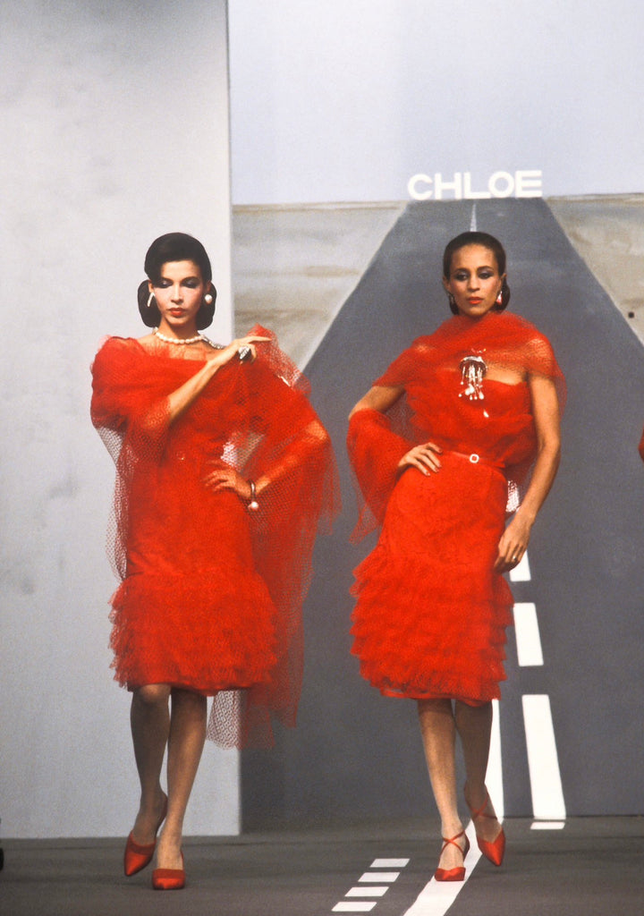 Chloé by Karl Lagerfeld Red Lace Shift Dress with Shawl, SS85, FR Chloé by Karl Lagerfeld Red Lace Shift Dress with Shawl, SS85, FR