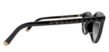 Louis Vuitton sunglasses with a glossy black frame, gold-tone metal tips, and gold LV monogram detailing on the temples, shown against a plain white background.