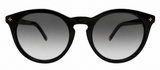 Oversized round sunglasses with a glossy black frame, gradient gray lenses, and small gold star details on the temples, shown against a plain white background.