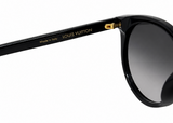 Louis Vuitton sunglasses featuring a glossy black frame, dark gray gradient lenses, and gold branding details on the temple arm.