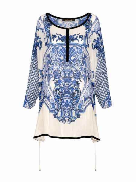 Roberto Cavalli Porcelain Print Silk Tunic, c.2000's, 4 US