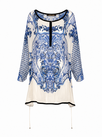 Roberto Cavalli Porcelain Print Silk Tunic, c.2000's, 4 US