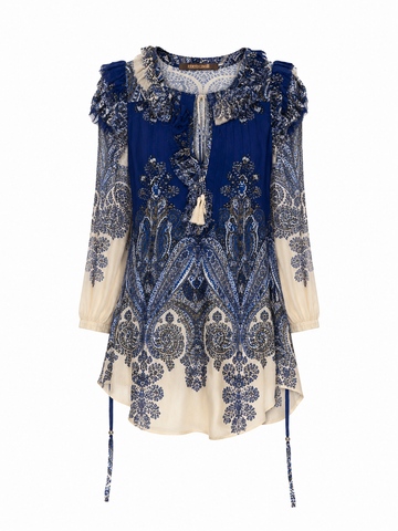 Roberto Cavalli Blue Paisley Ruffle Tunic, c.2000's, 4 US