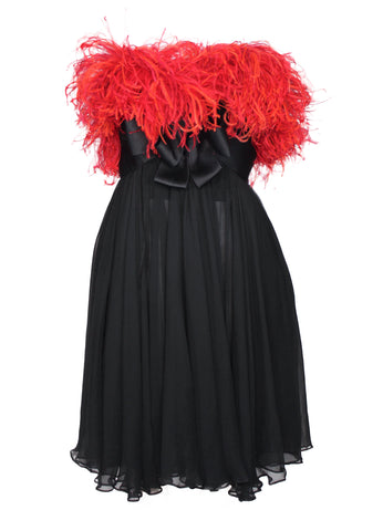 Yves Saint Laurent Black Silk Mousseline Mini-dress with Red Marabou Bust, AW91, 36 FR /  US 4 