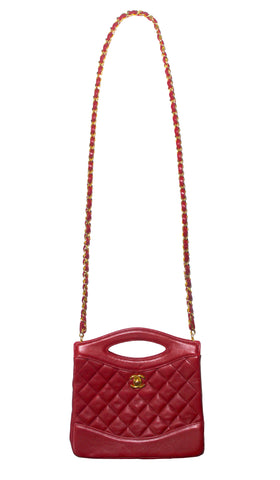 CHANEL Vintage Lipstick Red Quilted Satin Crystal Chain Strap