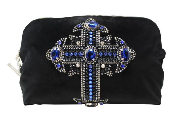 Versace Blue Byzantine Cross, Black Velvet Satchel with Detachable Strap, AW12, OS