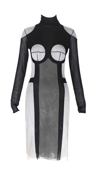 Jean Paul Gaultier Soleil Black and Grey Colorblock Mesh Dress, SS90 Reissue, Size L FRONT VIEW