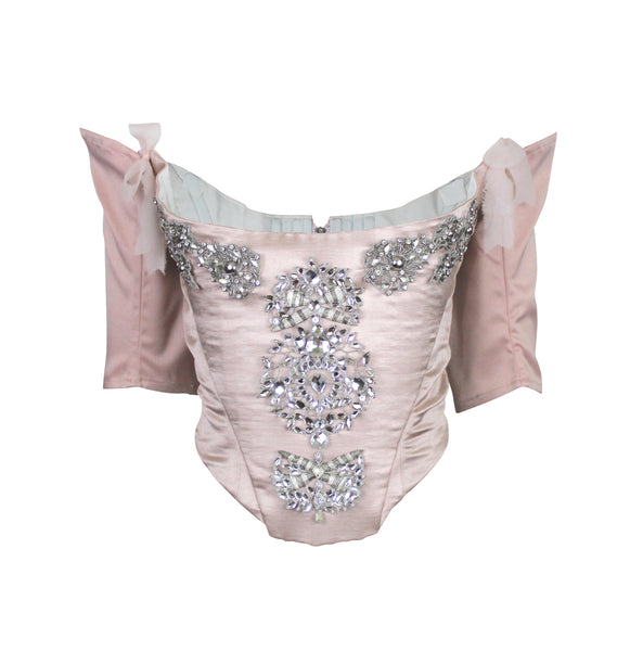 Pechuga Bejeweled Corset in Blush Silk Satin and Chiffon, Size US 16 / IT 52