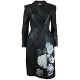 Alexander McQueen Black Lamb Leather Coat with Hand-painted Flowers, AW 16, Size US 4
