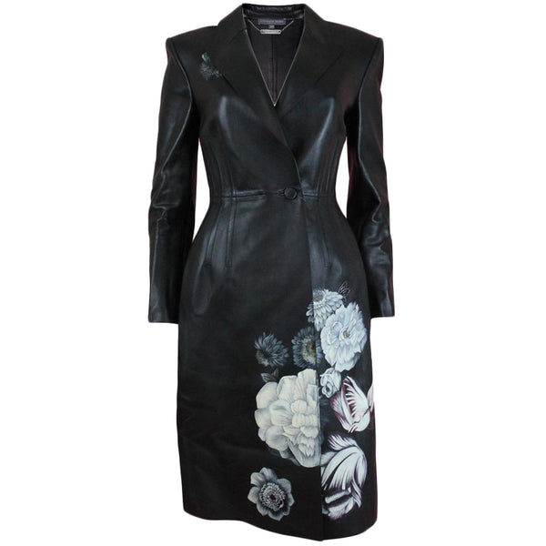 Alexander McQueen Black Lamb Leather Coat with Hand-painted Flowers, AW 16, Size US 4
